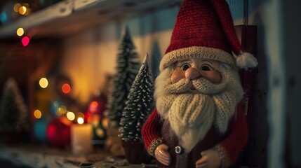 A holiday themed miniature gnome doll appears on a shelving unit in the dwelling