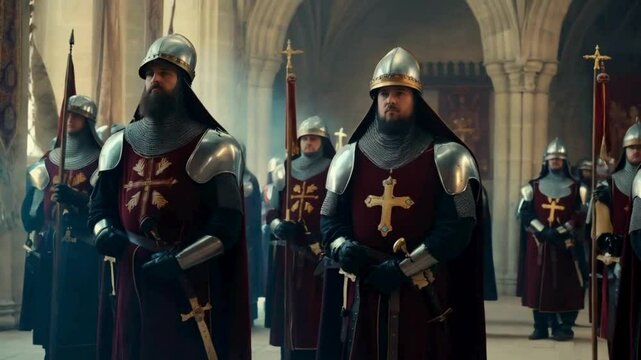 Knights Templar in Full Armor Standing in a Cathedral