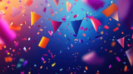 Vibrant celebration banner adorned with colorful flags and confetti, featuring a blank space for customization, perfect for festive occasions.