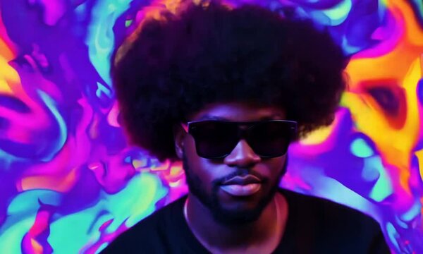 Young trapper  sings poses in front of a colorful psychedelic background