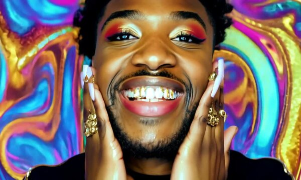 Young trapper  sings poses in front of a colorful psychedelic background