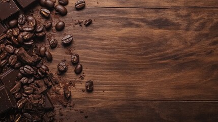 Rich dark chocolate pieces and coffee beans scattered on a rustic wooden table, creating an inviting backdrop for gourmet product displays.