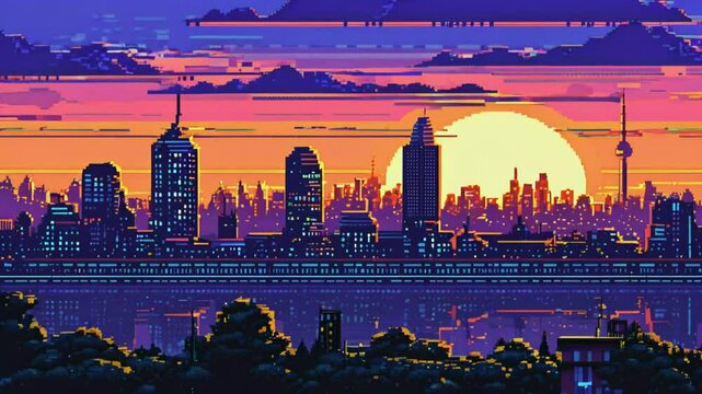 A vibrant pixel art cityscape at sunset, showcasing silhouettes of skyscrapers and reflections.