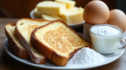 Ingredients for French Toast: Slices of golden-brown bread, fresh eggs, powdered sugar, and a small bowl of creamy milk with butter in the background.
