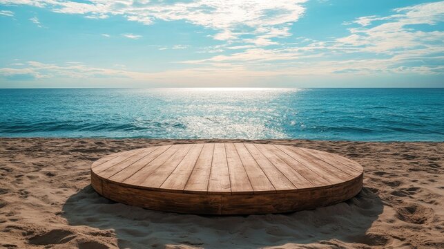 Circular wooden platform on sandy beach with ocean view under a blue sky, featuring gentle waves and soft clouds in a tranquil natural setting.