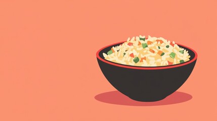 Bowl of colorful vegetable fried rice on an orange background, perfect for banners and vegetarian food projects, featuring mixed veggies and fluffy rice.