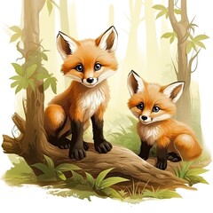 Obraz premium Two Adorable Cartoon Foxes Sitting Together in a Lush Forest Setting Surrounded by Trees and Greenery, Perfect for Children’s Illustrations or Nature Themes