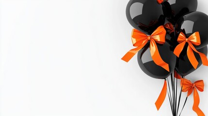 Black balloons with vibrant orange ribbons, elegantly arranged against a clean white background, perfect for festive promotions or celebrations.
