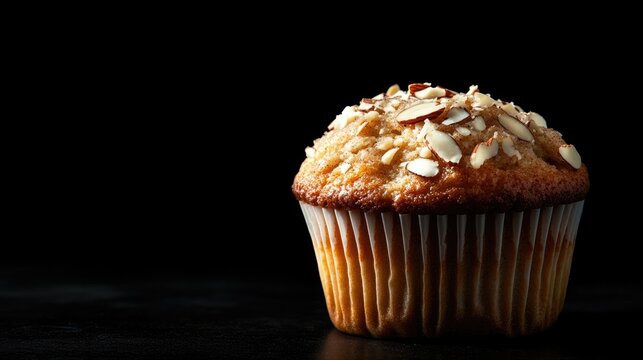 Homemade coconut cinnamon muffin adorned with almond flakes, beautifully showcased against a black background with ample copy space for healthy food promotion.