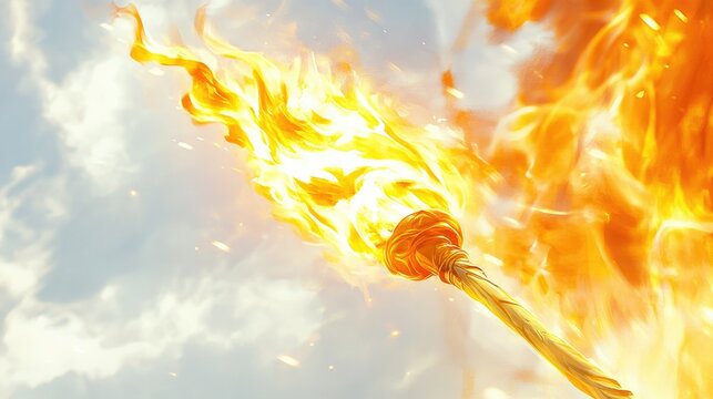 Glowing golden torch emitting bright orange flames, set against a clear sky with a soft white backdrop, creating a striking contrast of color and light.