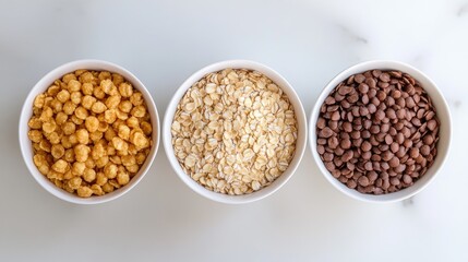 Assorted gluten-free cereals in bowls featuring yellow rice pops, white oats, and chocolate corn groats on a light surface.