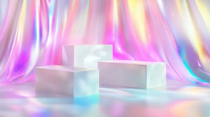 Surreal stage setting with three white rectangular podiums against a pastel neon holographic backdrop, perfect for cosmetic product packaging displays.