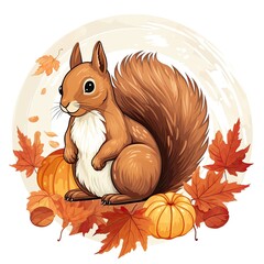 Fototapeta premium Adorable Cartoon Squirrel Surrounded by Colorful Leaves and Pumpkins in Autumn Scene, Perfect for Seasonal Illustrations and Nature-themed Designs