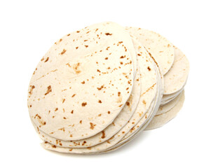 A stack of corn tortillas on a white background