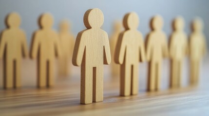 Wooden figurines representing recruitment and career opportunities standing in a row, symbolizing business professional hiring concepts and advancement potential.