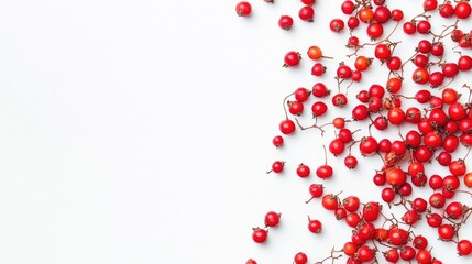 Vibrant clusters of rowanberries scattered on a clean white background, showcasing their bright red color and delicate stems.