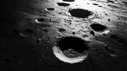 Close-Up Study of Textured Lunar Surface Highlighting Craters in Monochrome Lighting with Varying Depths and Shadows