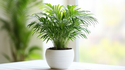 Lush green potted plant in a sleek white pot on a bright wooden table with soft natural lighting illuminating the background.