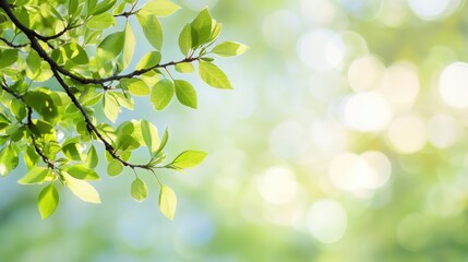 Obraz premium Lush green tree branch with fresh leaves against a soft-focus background of spring and summer colors, providing ample copy space for text.