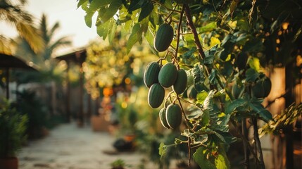 Green papayas hanging from a tree in a serene garden, with soft sunlight filtering through the leaves creating a tranquil atmosphere.