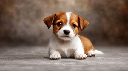 Jack Russell Terrier puppy with a glossy coat resting serenely on a textured gray surface, showcasing its expressive eyes and playful demeanor.