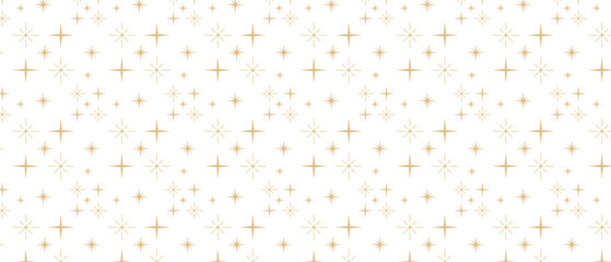Christmas background with golden celestial star pattern. Vector stars and sparkles border, divider, banner. Holiday festive lights on transparent background. 