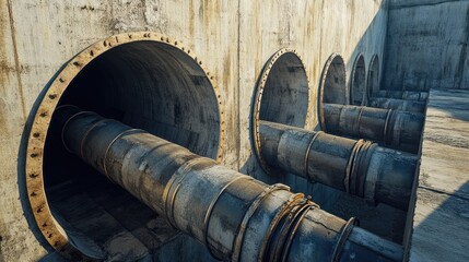 Installation of large concrete and iron pipes for sewage system showcasing road infrastructure and cement work with detailed industrial features.