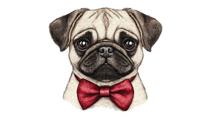 Charming pug with expressive eyes dressed in a red bow tie, ideal for greeting card designs in a vertical layout.