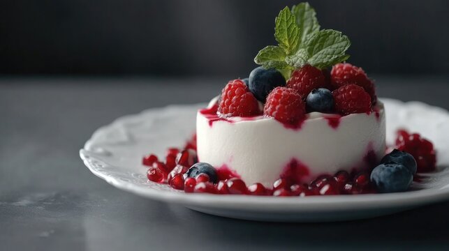 Yogurt parfait topped with fresh raspberries, blueberries, and pomegranate seeds, garnished with mint on an elegant plate. - Powered by Adobe