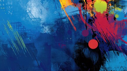 Vibrant blue urban backdrop adorned with colorful abstract graffiti and dynamic grunge textures, creating an energetic artistic scene.