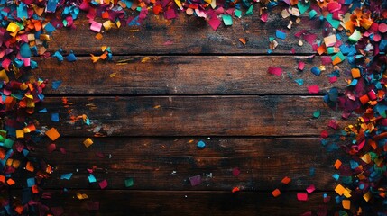 Colorful confetti scattered on a rustic brown wooden surface, creating a lively carnival backdrop with ample space for text and design elements.