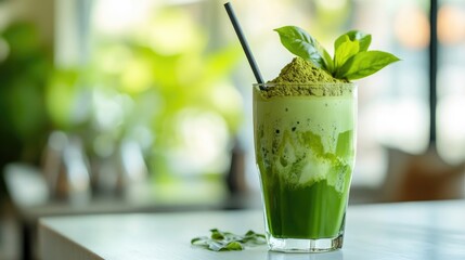 Refreshing green matcha beverage topped with powdered matcha and a sprig of mint, served in a clear glass with a straw against a blurred background.