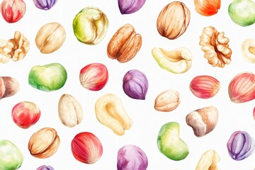 Colorful Watercolor Nut Seamless Pattern - Vibrant watercolor seamless pattern showcasing various nuts, perfect for food blogs, packaging, and textile designs.  Represents health, nature, variety, nut