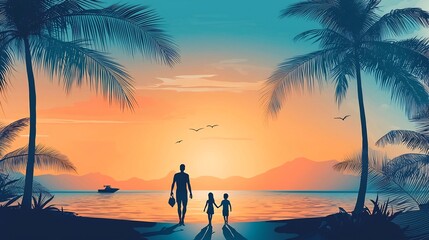 Fototapeta premium Peaceful Family Beach Walk During Sunset at Tropical Coastline