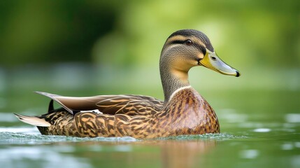 Fototapeta premium Female mallard duck gliding gracefully in a lush green lake, highlighting its intricate feathers and serene environment during summer.