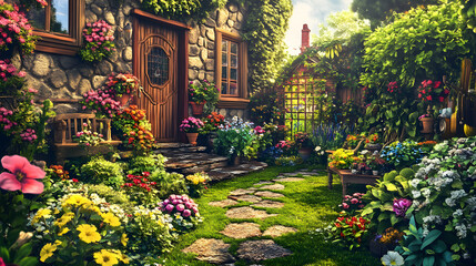 Fototapeta premium A Beautifully Decorated Small Garden in the Yard of a Charming Older Lady's House Surrounded by Nature's Tranquility
