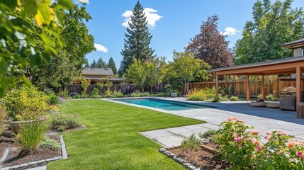 Panoramic view of a beautifully designed backyard featuring a swimming pool, lush green lawn, vibrant flowers, and surrounding trees for a serene outdoor space.