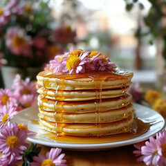 Pancake stack with syrup and edible flowers on a spring table