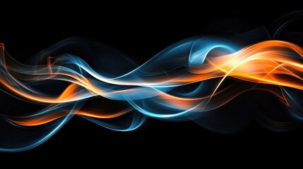 Vibrant Neon Waves on Dark Background with Fluid Curves and Complex Patterns in Blue and Orange Hues