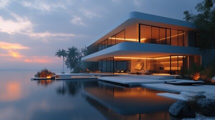 Fototapeta premium Modern waterfront villa at sunset with sleek design and serene surroundings.