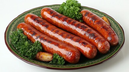 Grilled sausages arranged on a decorative plate, complemented by vibrant green parsley sprigs and a brown potato garnish.