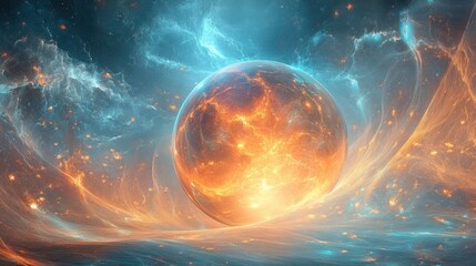 Surreal digital landscape showcasing a radiant orange sphere amidst swirling blue and orange abstract elements, evoking a dreamlike cosmic atmosphere.