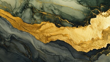Obraz premium Abstract green and gold marble pattern showcasing liquid ink art with a textured finish, blending watercolor and alcohol ink techniques.
