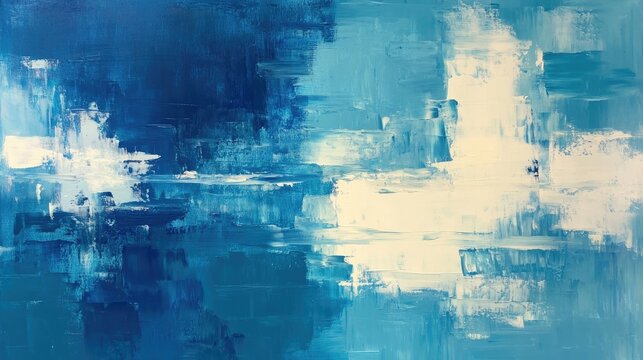 Abstract monochromatic painting featuring dynamic water reflections with bold blue tones and expressive thick brush strokes creating depth and movement.