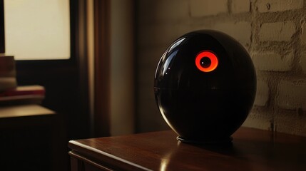 Home robot with a spherical shape, prominent large eyes, and a glowing red dot on its chest, displayed elegantly against a dark background.