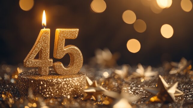 Gold number 45 birthday candle illuminated against a sparkling starry backdrop, creating a festive and vibrant atmosphere for celebrations.