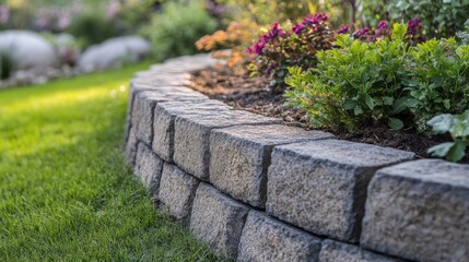 Constructed block border retaining wall highlighting vibrant garden plants and lush green grass, perfect for enhancing outdoor spaces.