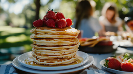 Pancake stack with strawberries at outdoor brunch