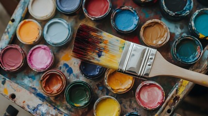 Artistic Palette with Paints and Brush Creating a Colorful Artistic Expression in a Creative Workspace for Painting and Crafts Enthusiasts