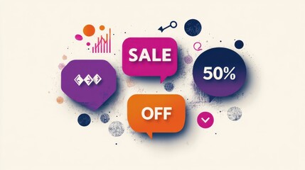 Colorful social media design with sale text and percentage symbol indicating a 50% discount promotion